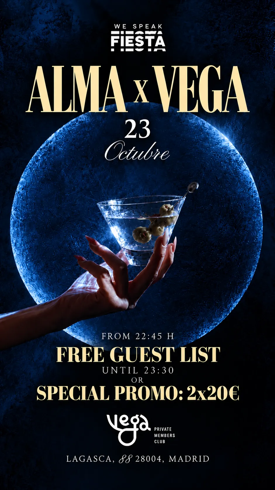 Flyer for ALMA x VEGA at We Speak Fiesta! (Madrid), Friday 23 October 2026
