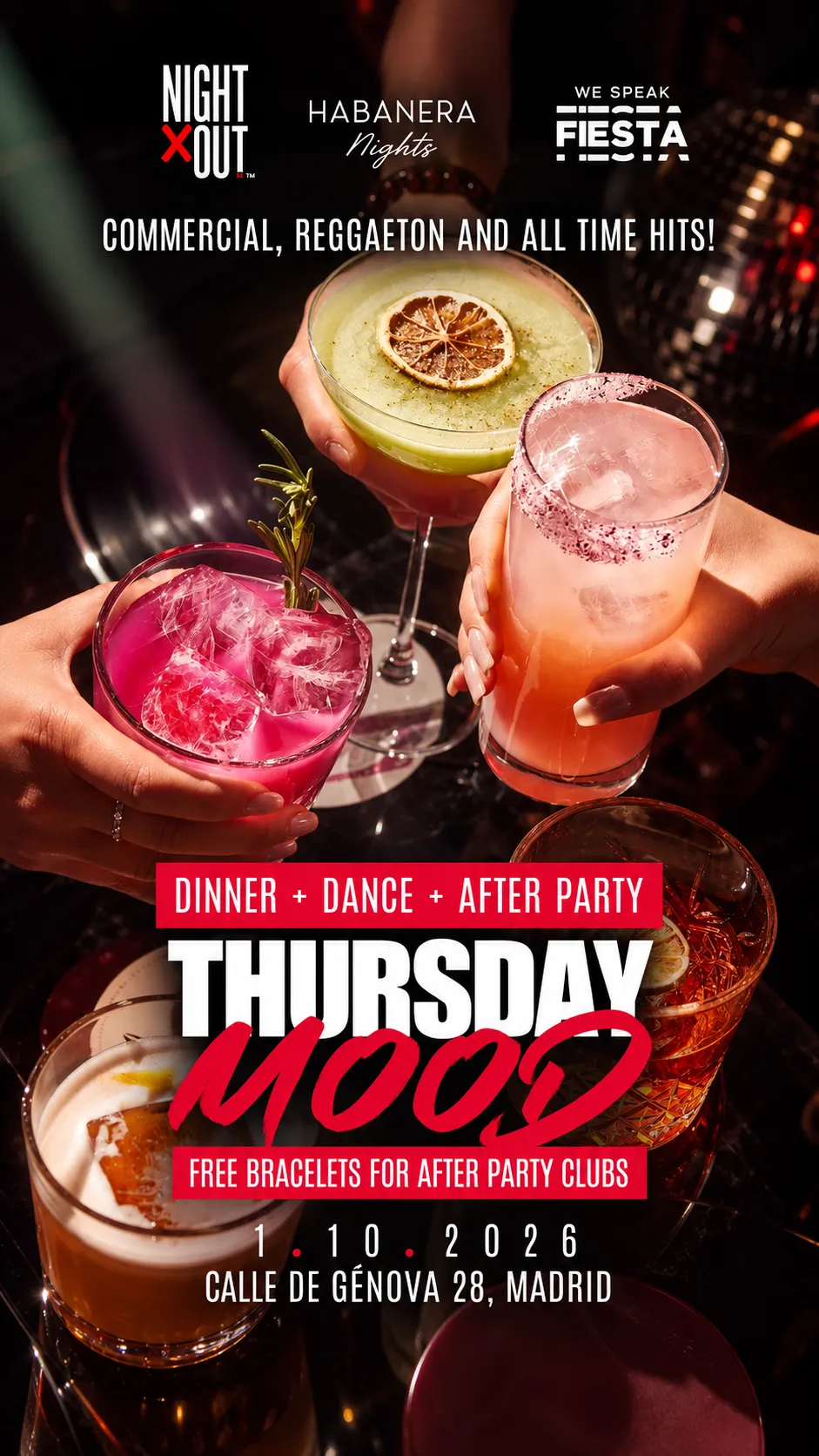 Flyer for “THURSDAY MOOD” AT HABANERA + AFTER PARTY RUBICON at We Speak Fiesta! (Madrid), Thursday 24 December 2026