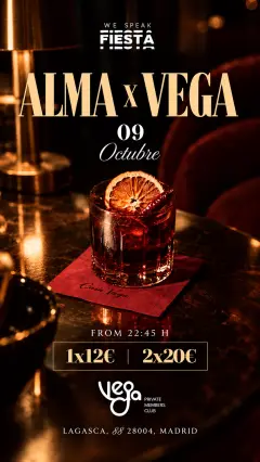 Flyer de ALMA x VEGA en We Speak Fiesta! (Madrid), viernes 9 de octubre de 2026