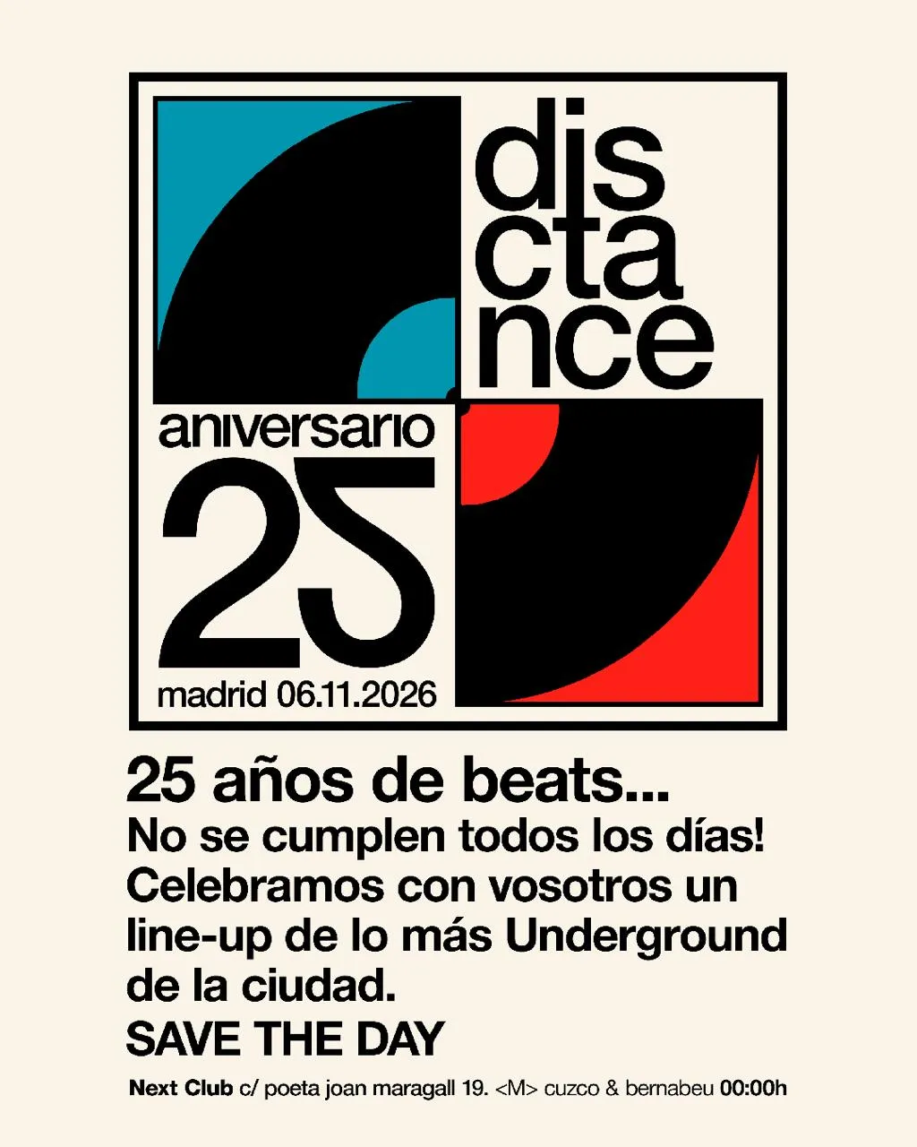 Flyer de 25 aniv DISCTANCE RECORDS en Next (Madrid), viernes 6 de noviembre de 2026